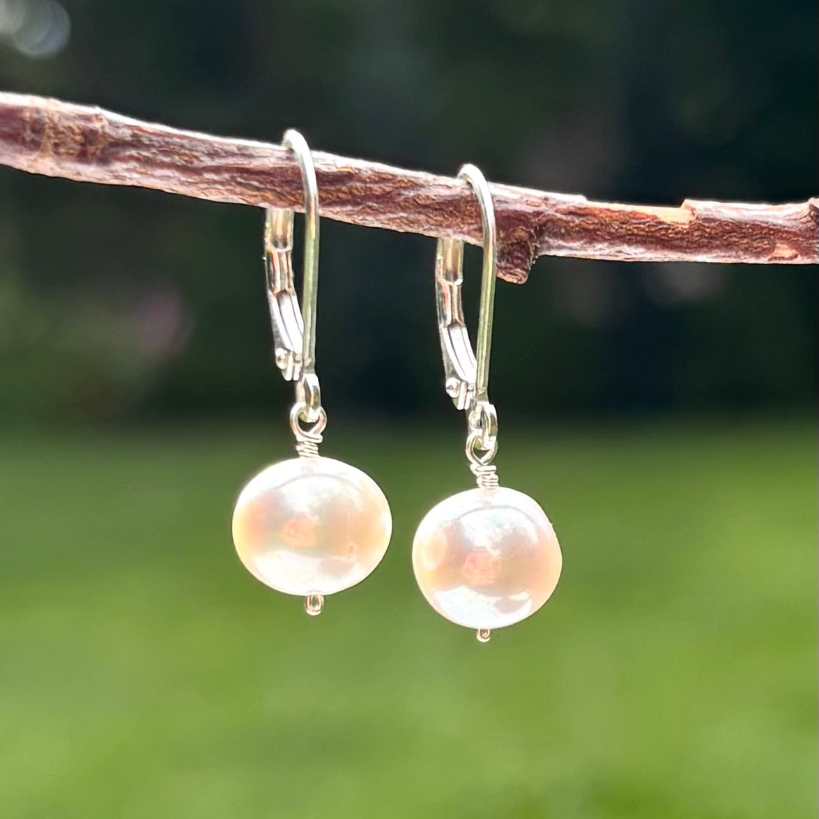 A pair of silver drop earrings with round, iridescent pale pink pearls hanging from a brown tree branch, with a blurred green grass background.